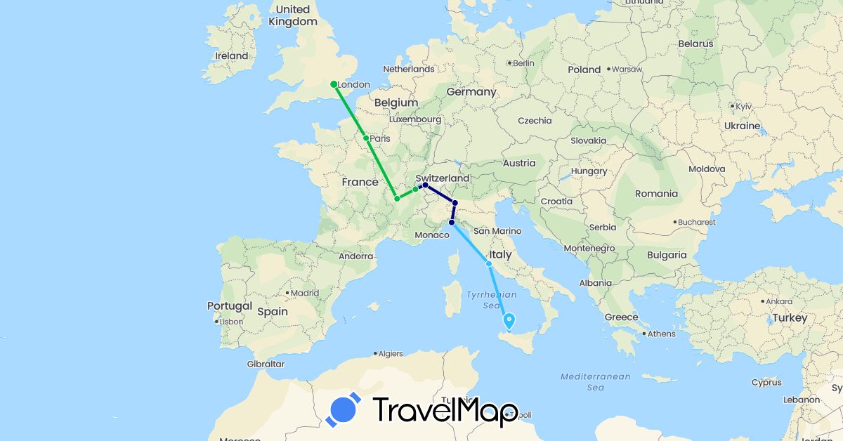 TravelMap itinerary: driving, bus, boat in Switzerland, France, United Kingdom, Italy (Europe)